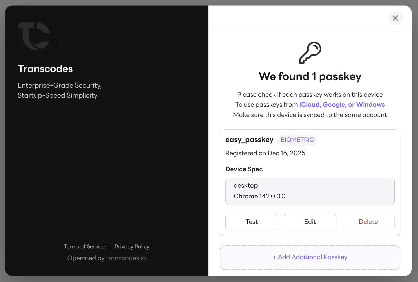 Passkey Authentication Interface - Transcodes